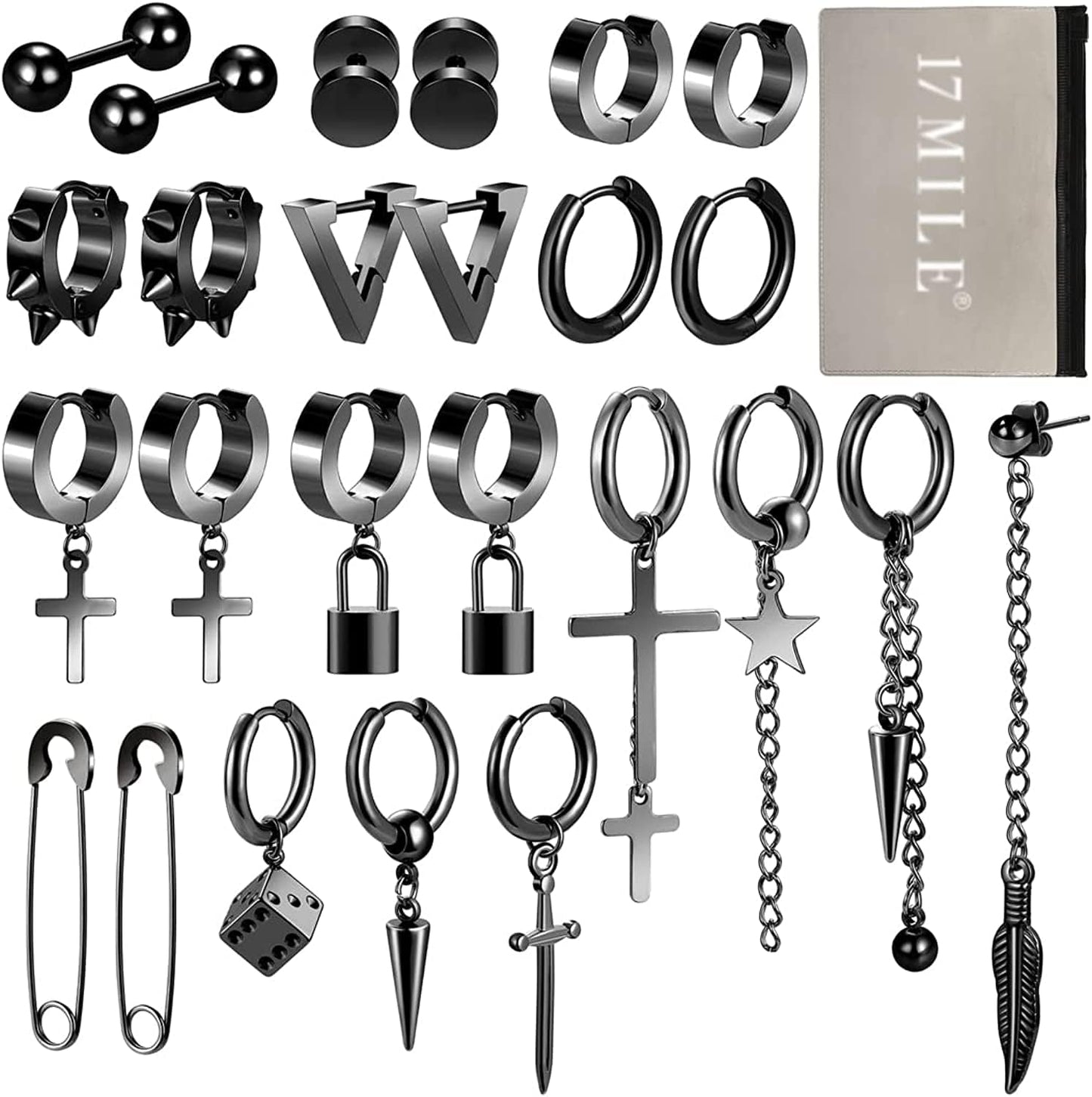 Black Cross Dangle Earrings for Men, 25 Pieces Stainless Steel Long Chain Piercing Hoop Earrings Set for Unisex Black