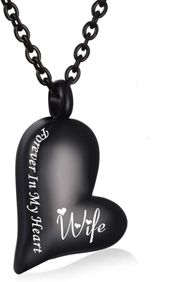 Black Stainless Steel Ashes Holder Memorial Urn Necklaces Pendant Heart Cremation Keepsake Jewelry-Forever in My Heart Wife