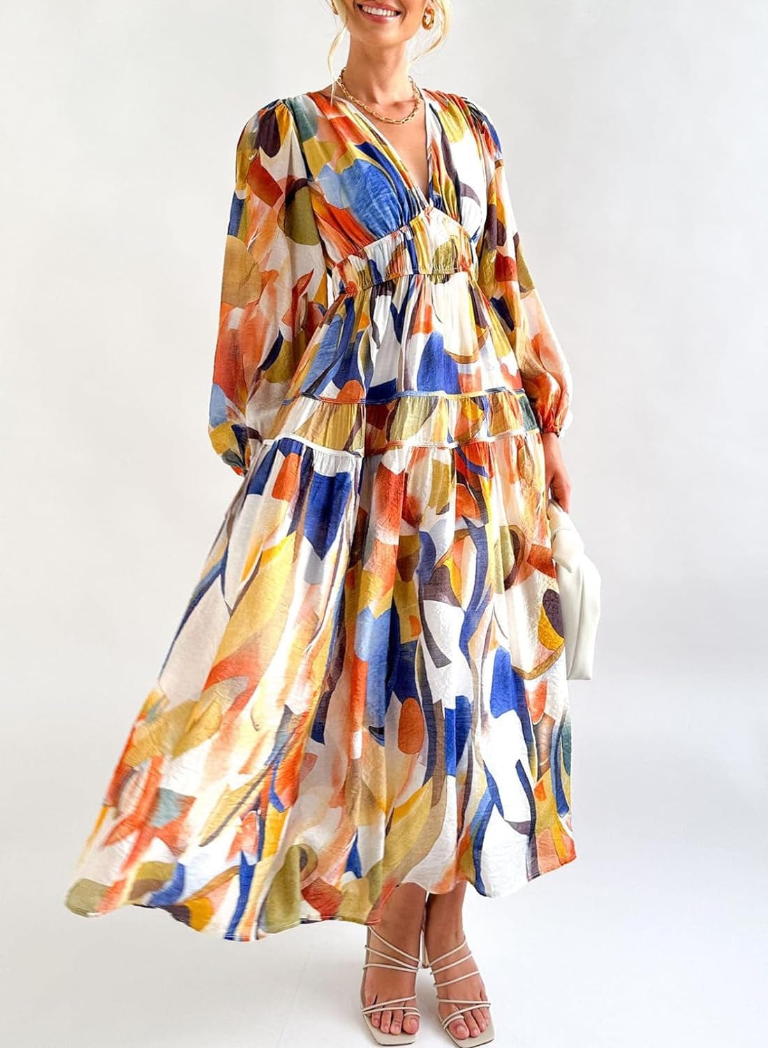 BLENCOT Womens Casual Boho V Neck Maxi Dress Flowy A-Line Long Wedding Guest Holiday Beach Dress Yellow M