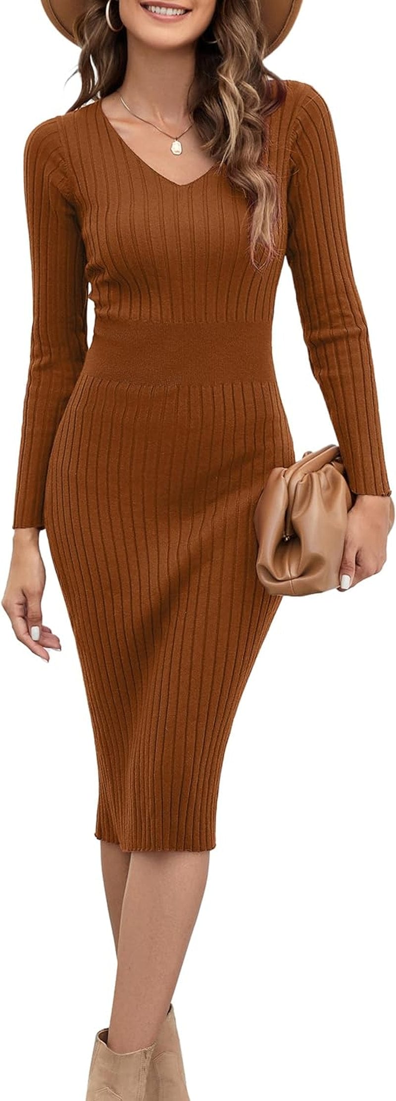 Blooming Jelly Womens Midi Sweater Dress Long Sleeve V Neck Bodycon Fall Dresses 2023 Casual Knee Length Ladies Winter Dress Caramel / X-Large