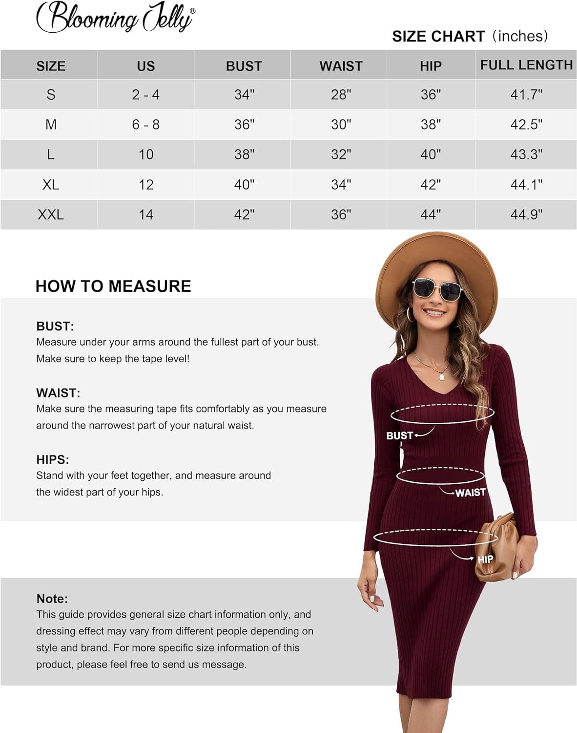 Blooming Jelly Womens Midi Sweater Dress Long Sleeve V Neck Bodycon Fall Dresses 2023 Casual Knee Length Ladies Winter Dress