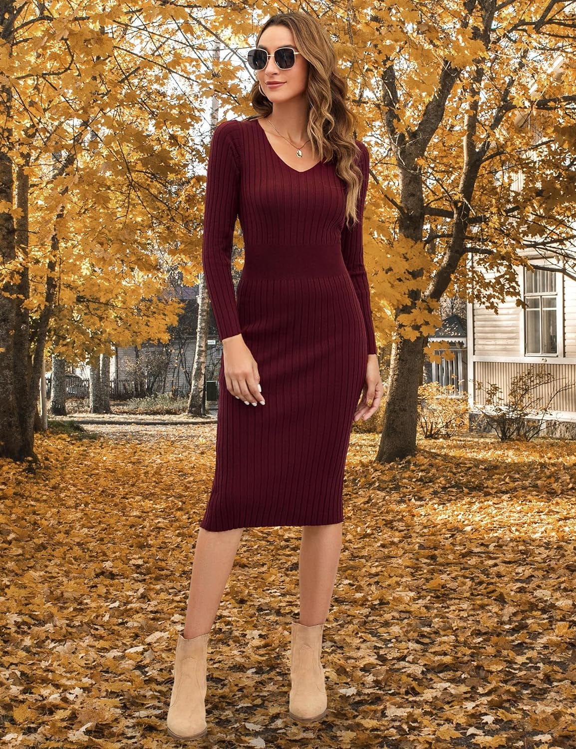 Blooming Jelly Womens Midi Sweater Dress Long Sleeve V Neck Bodycon Fall Dresses 2023 Casual Knee Length Ladies Winter Dress