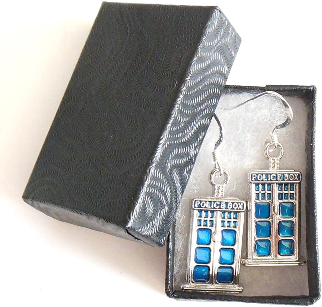 Blue Police Box Earrings .925 Sterling Silver Earwires 1-1/2 Inch in Gift Box with Tardis Blue Bag