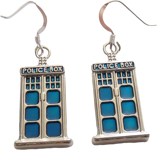 Blue Police Box Earrings .925 Sterling Silver Earwires 1-1/2 Inch in Gift Box with Tardis Blue Bag