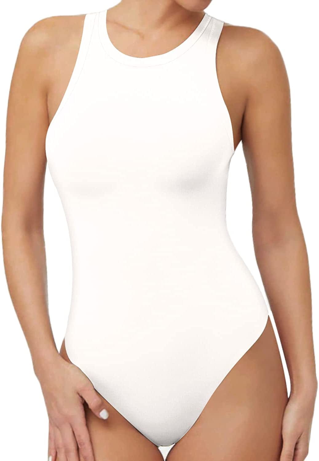 Bodysuit for Women Scoop Neck Sleeveless Ribbed Racerback Tank Tops Binding Tape White / X-Small