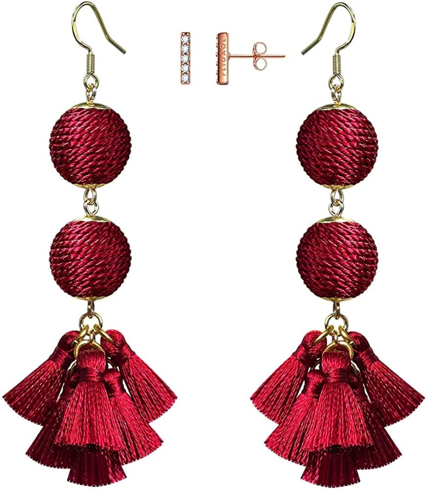 Bohemian Thread Ball Tassel Dangle Drop Earrings for Women Teen Girls Christmas Valentines Day Gift Burgundy