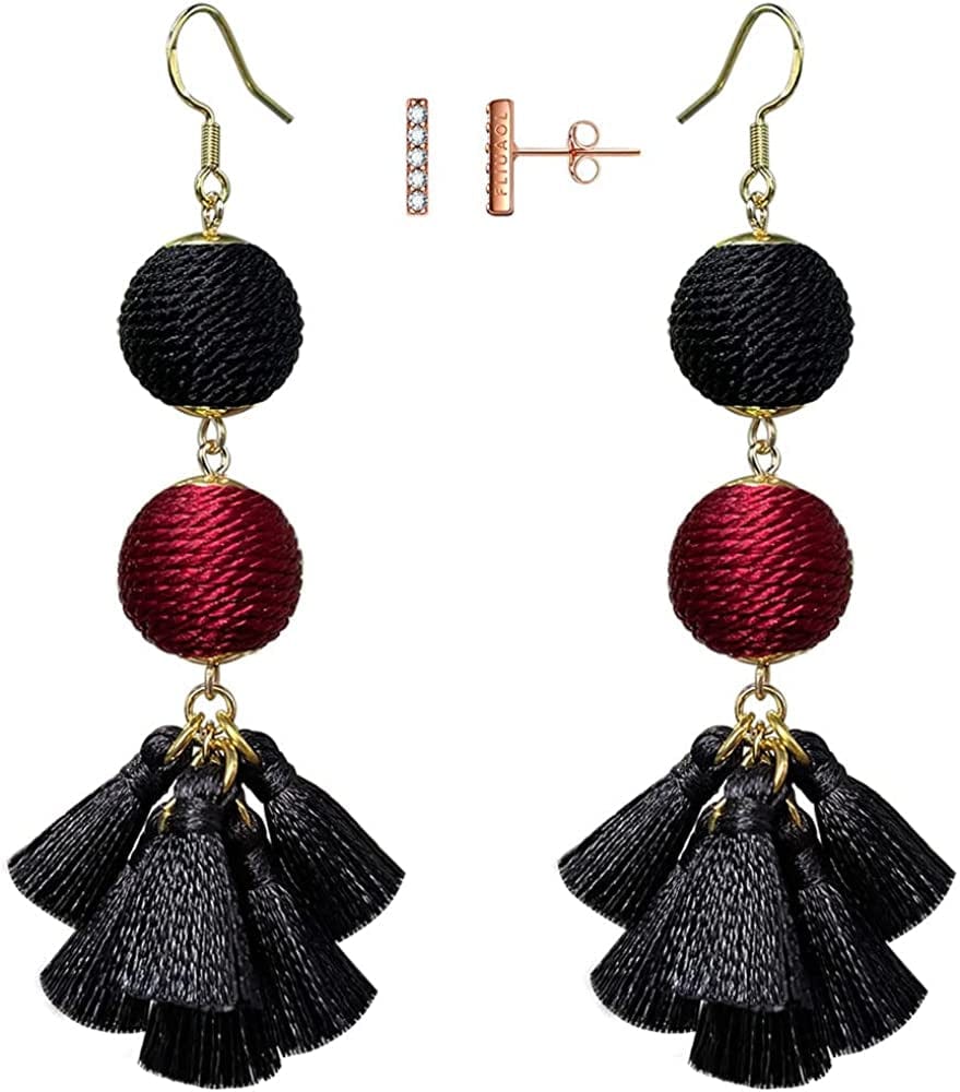 Bohemian Thread Ball Tassel Dangle Drop Earrings for Women Teen Girls Christmas Valentines Day Gift Black & Burgundy