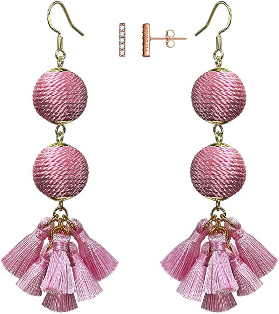 Bohemian Thread Ball Tassel Dangle Drop Earrings for Women Teen Girls Christmas Valentines Day Gift Pink