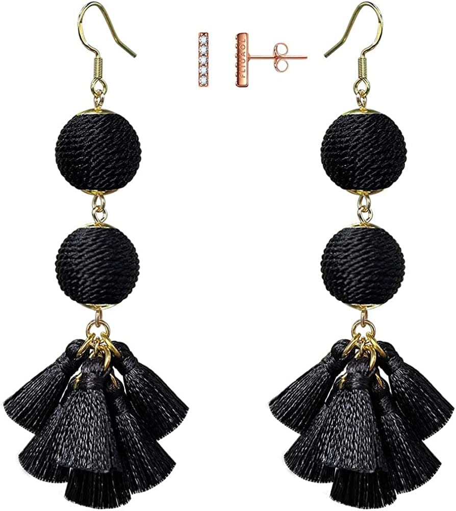 Bohemian Thread Ball Tassel Dangle Drop Earrings for Women Teen Girls Christmas Valentines Day Gift Black