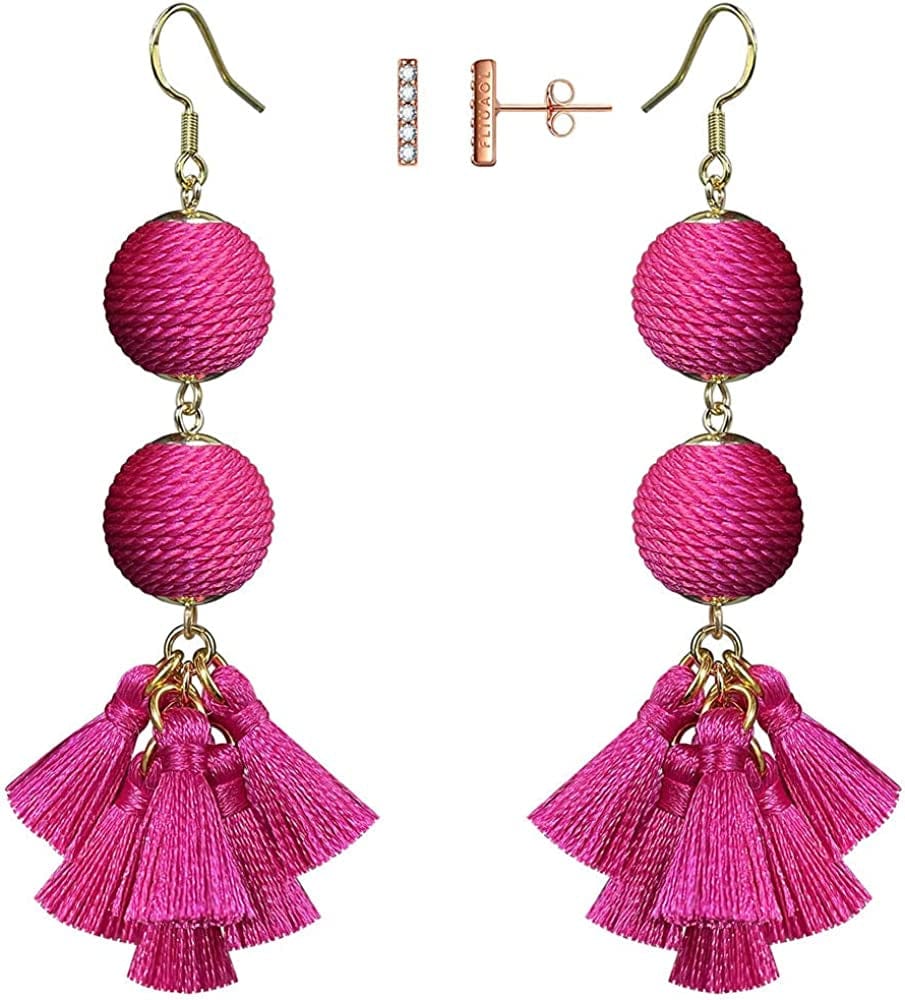 Bohemian Thread Ball Tassel Dangle Drop Earrings for Women Teen Girls Christmas Valentines Day Gift Rose