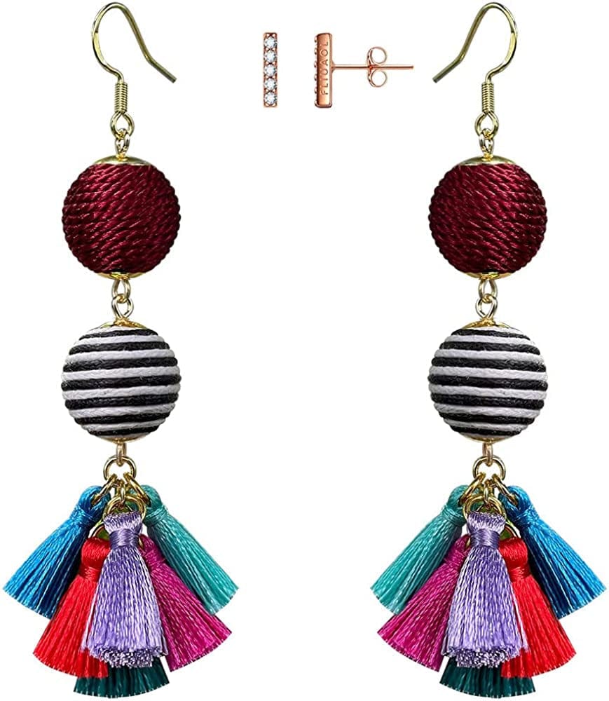 Bohemian Thread Ball Tassel Dangle Drop Earrings for Women Teen Girls Christmas Valentines Day Gift Burgundy & Black White