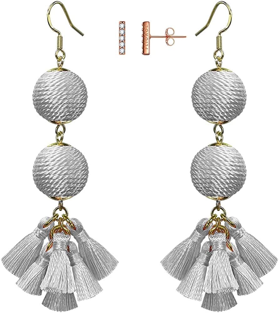 Bohemian Thread Ball Tassel Dangle Drop Earrings for Women Teen Girls Christmas Valentines Day Gift White