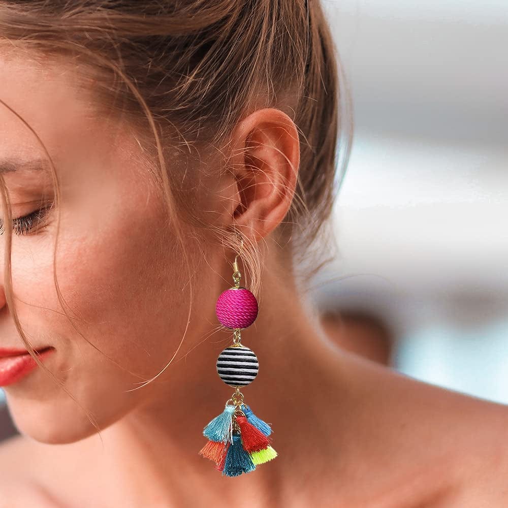 Bohemian Thread Ball Tassel Dangle Drop Earrings for Women Teen Girls Christmas Valentines Day Gift