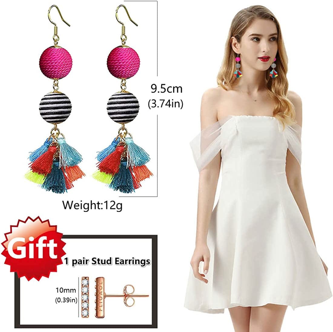 Bohemian Thread Ball Tassel Dangle Drop Earrings for Women Teen Girls Christmas Valentines Day Gift