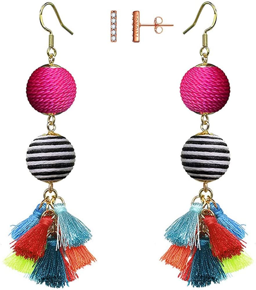 Bohemian Thread Ball Tassel Dangle Drop Earrings for Women Teen Girls Christmas Valentines Day Gift Rose & Black White