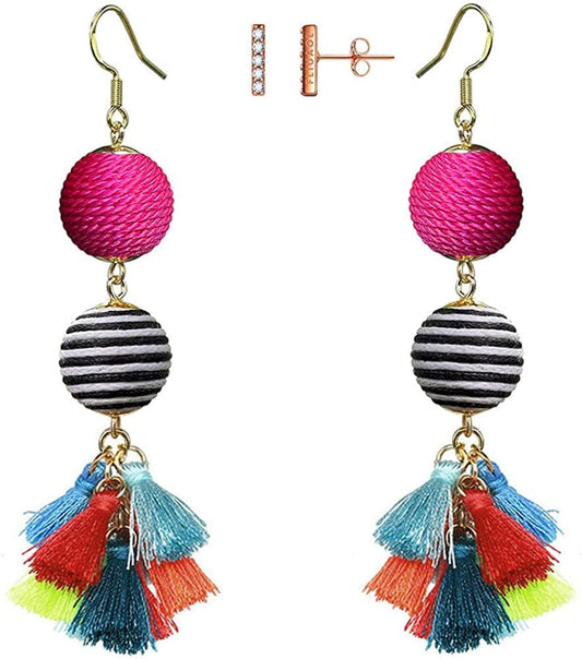 Bohemian Thread Ball Tassel Dangle Drop Earrings for Women Teen Girls Christmas Valentines Day Gift Rose & Black White