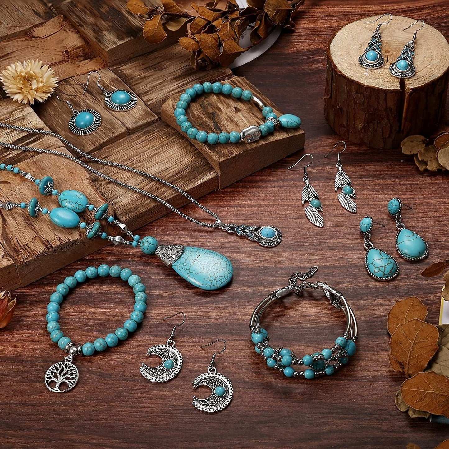 Bohemian Turquoise Jewelry Set Women Western Turquoise Pendant Necklace Layered Wrap Bangle Bracelet Turquoise Vintage Turquoise Dangle Earrings Boho Jewelry for Women 2#