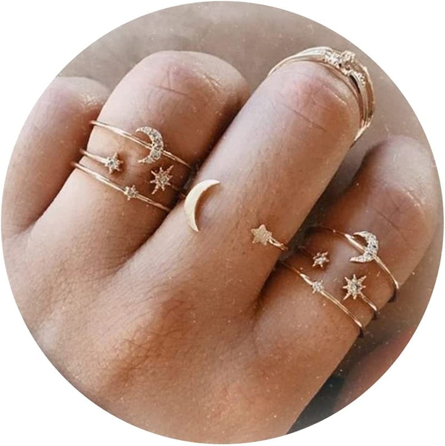 Boho Gold Stacking Rings for Women Gold Knuckle Rings Set Simple Star Moon Flower Rings for Teen Girls Stackable Aesthetic Rings Gifts for Teen Girls Style Q-Star Moon Rings
