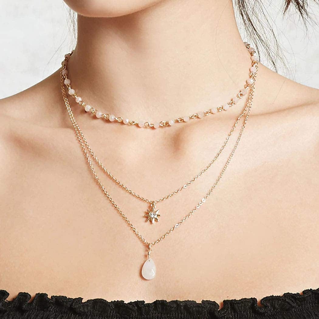 Boho Layered Necklaces Small Beaded Necklace Chains Gold Short Necklace Chain Sun Opal Pendant Necklace Glass Beads Surfer Dainty Delicate Handmade Necklace Jewelry for Women and Girls Gold