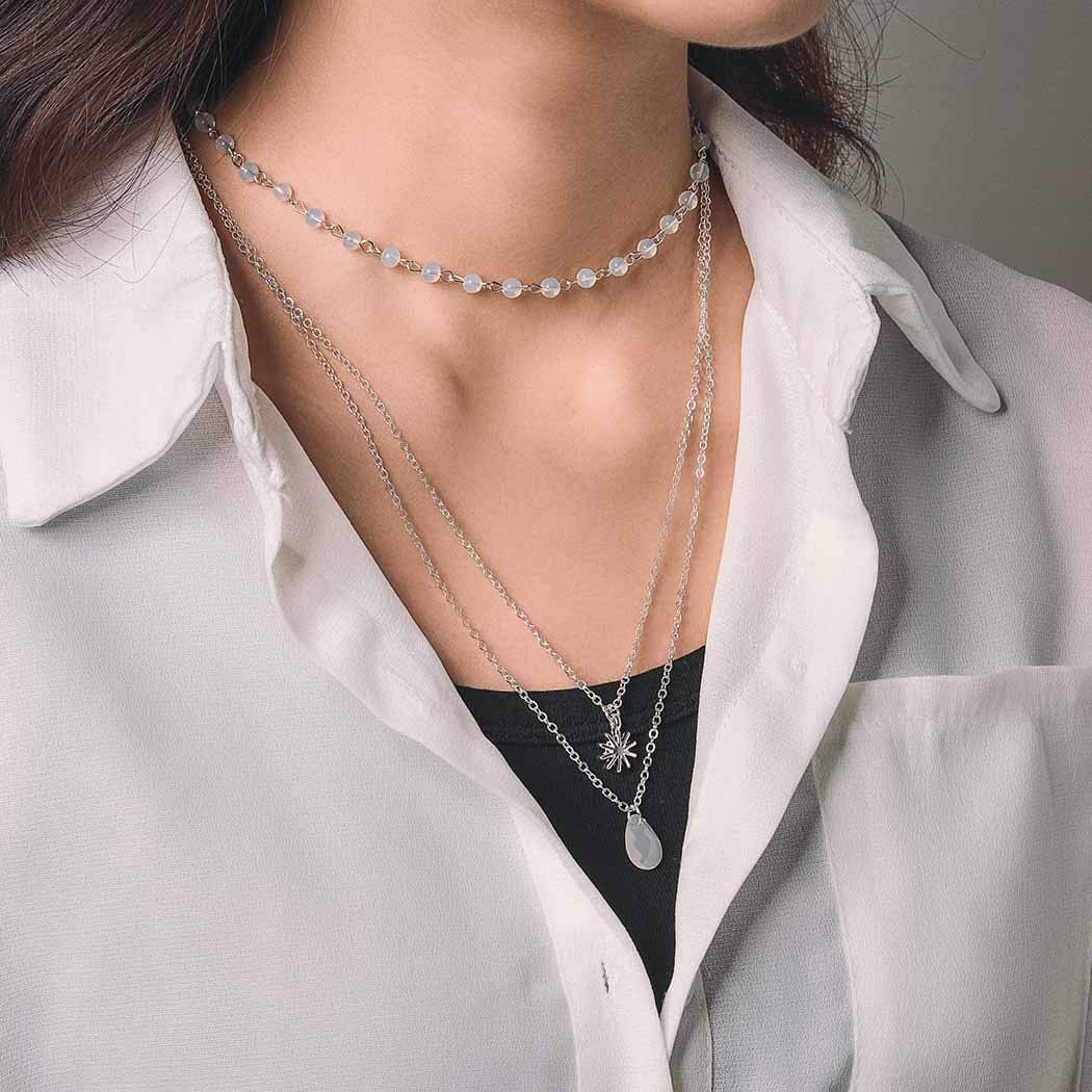 Boho Layered Necklaces Small Beaded Necklace Chains Gold Short Necklace Chain Sun Opal Pendant Necklace Glass Beads Surfer Dainty Delicate Handmade Necklace Jewelry for Women and Girls