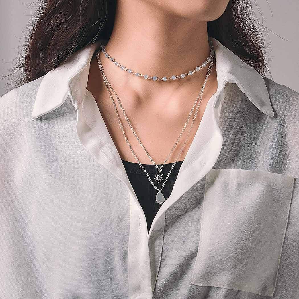 Boho Layered Necklaces Small Beaded Necklace Chains Gold Short Necklace Chain Sun Opal Pendant Necklace Glass Beads Surfer Dainty Delicate Handmade Necklace Jewelry for Women and Girls