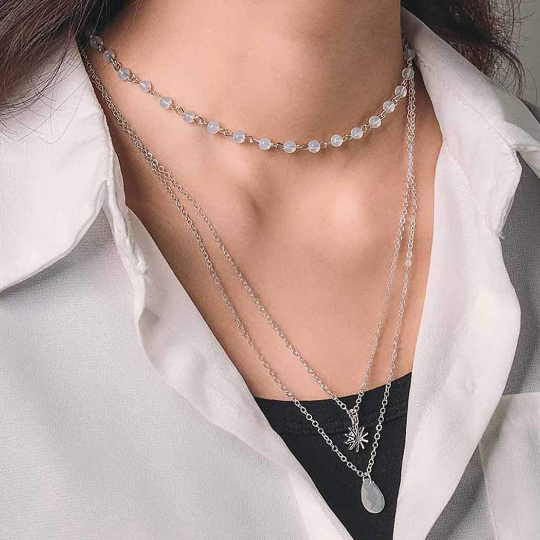 Boho Layered Necklaces Small Beaded Necklace Chains Gold Short Necklace Chain Sun Opal Pendant Necklace Glass Beads Surfer Dainty Delicate Handmade Necklace Jewelry for Women and Girls Silver