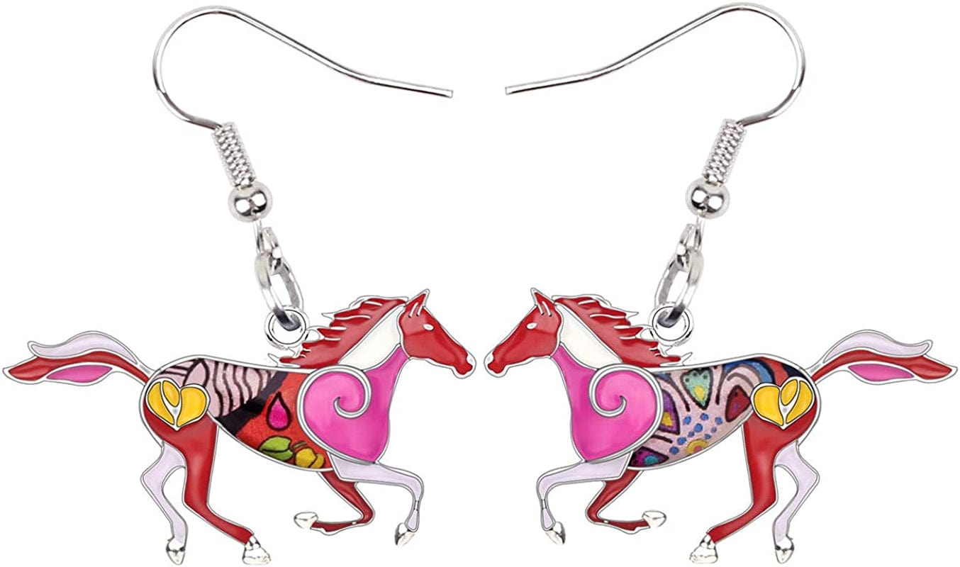 BONSNY Enamel Alloy Colorful Horse Earrings for Women Girls Kids Animal Lover Statement Jewelry Red