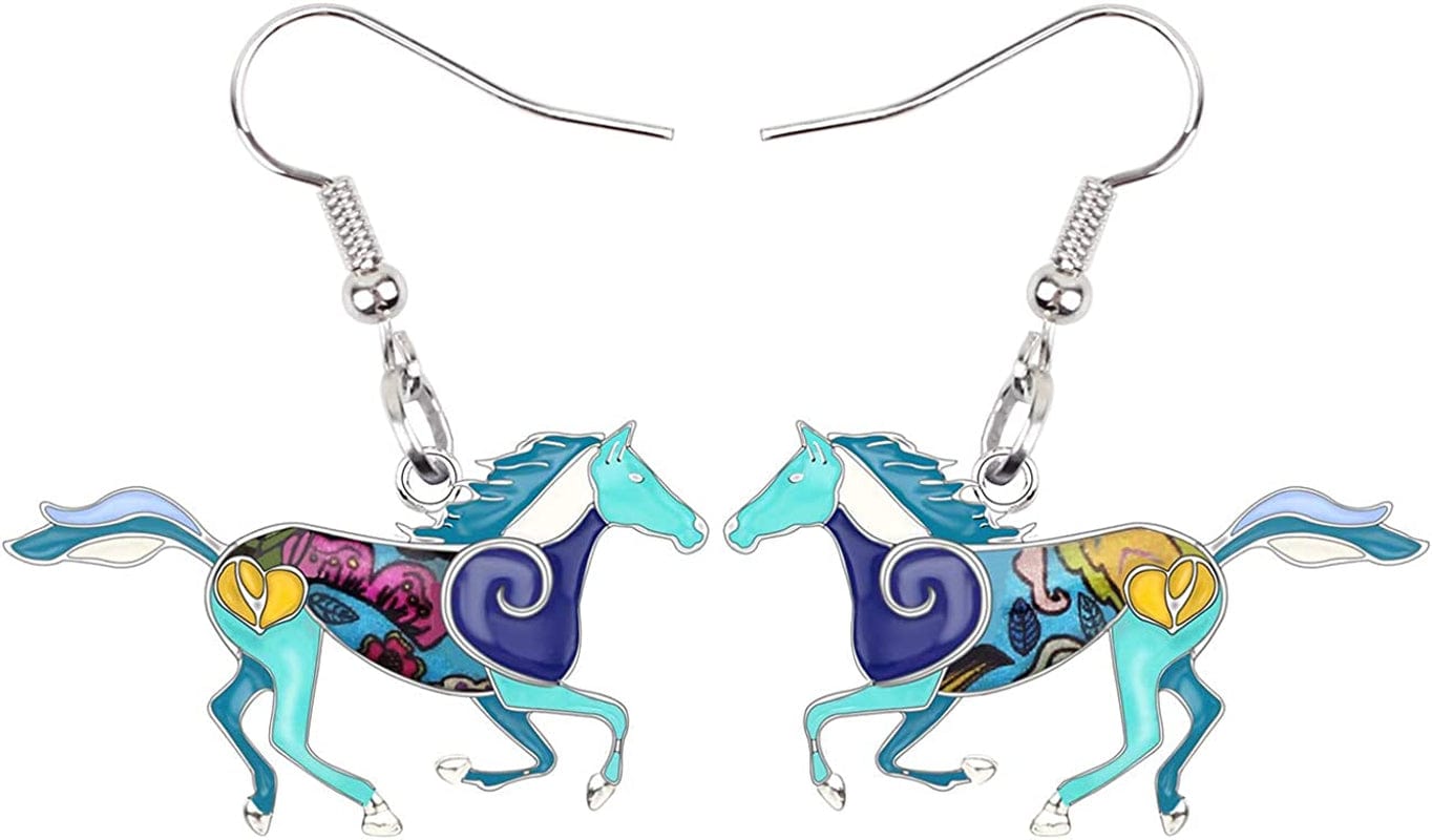 BONSNY Enamel Alloy Colorful Horse Earrings for Women Girls Kids Animal Lover Statement Jewelry Blue