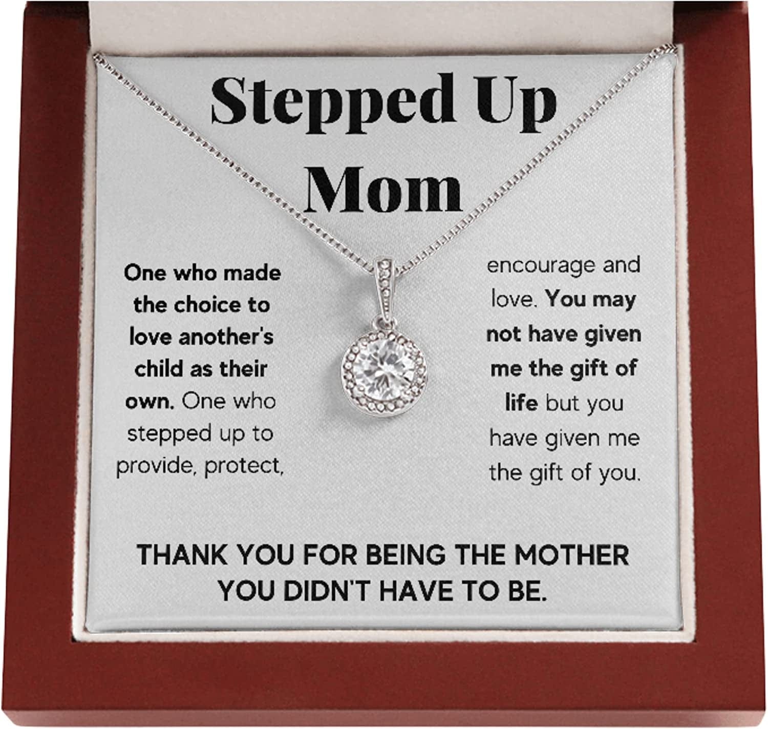 Bonus Mom Necklace Gifts Step Mom Mothers Day Gift Stepped up Mom from Step Daughter Stepson to My Bonus Mom Pendant Jewelry Present with Message Card and Gift Box. Gift for Stepmom. Bonus Mom Gift. Necklace for Mom Stepped Up Mom Eternal / Mahogany Box