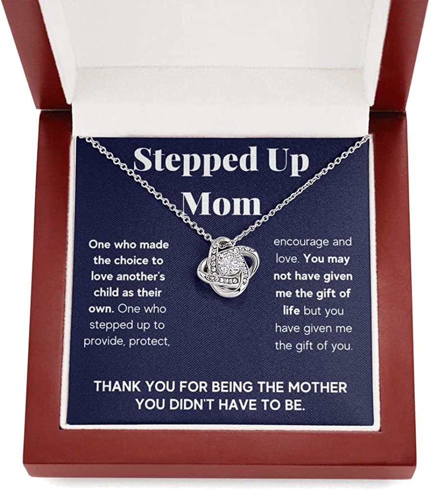 Bonus Mom Necklace Gifts Step Mom Mothers Day Gift Stepped up Mom from Step Daughter Stepson to My Bonus Mom Pendant Jewelry Present with Message Card and Gift Box. Gift for Stepmom. Bonus Mom Gift. Necklace for Mom Step Mom Knot / Mahogany Box