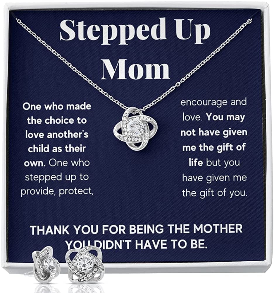 Bonus Mom Necklace Gifts Step Mom Mothers Day Gift Stepped up Mom from Step Daughter Stepson to My Bonus Mom Pendant Jewelry Present with Message Card and Gift Box. Gift for Stepmom. Bonus Mom Gift. Necklace for Mom Step Mom Knot / Box with Earrings
