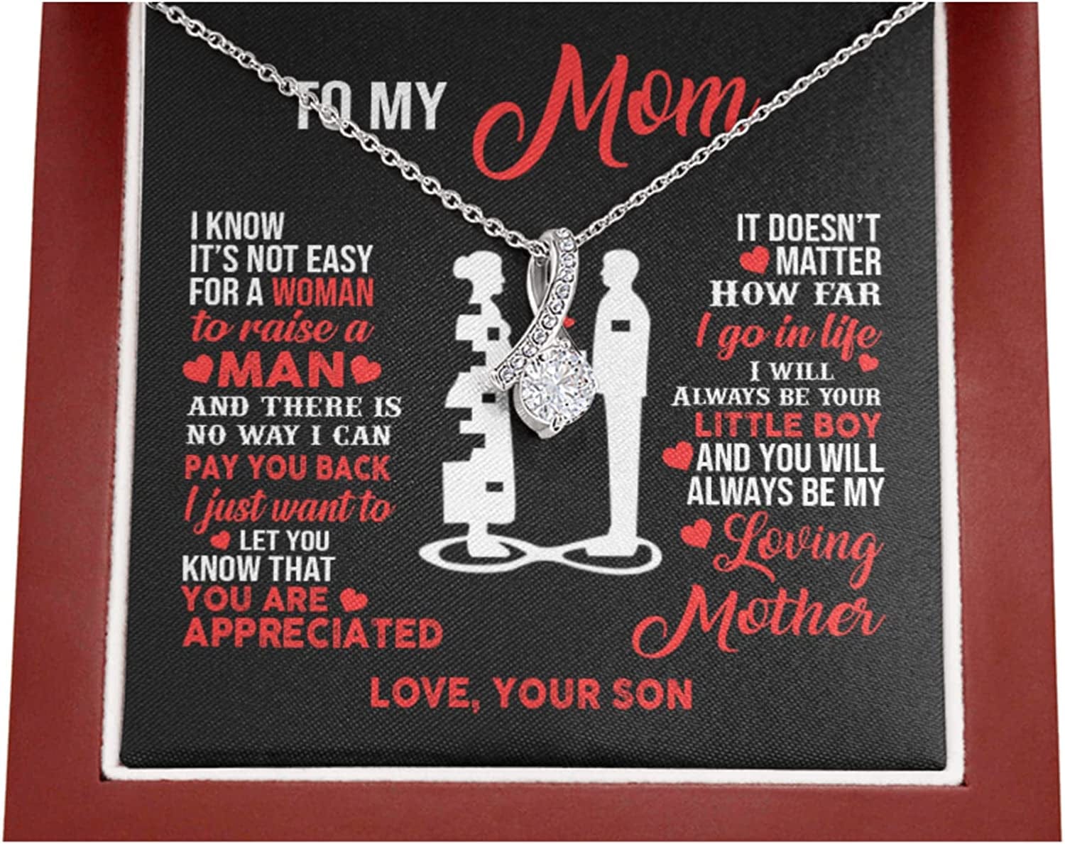 Bonus Mom Necklace Gifts Step Mom Mothers Day Gift Stepped up Mom from Step Daughter Stepson to My Bonus Mom Pendant Jewelry Present with Message Card and Gift Box. Gift for Stepmom. Bonus Mom Gift. Necklace for Mom Black Little Boy / Mahogany Box
