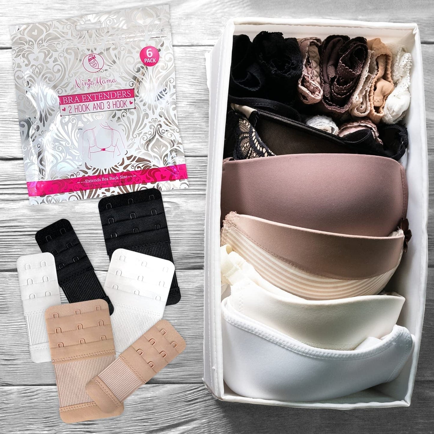 Bra Extender 2 Hook & 3 Hooks Bra Extenders & Pretty Storage Bag. Pack of 6 – One of Each Black, White and Nude. Bra Strap Extender for Pregnant and Postpartum Women in between Bra Sizes