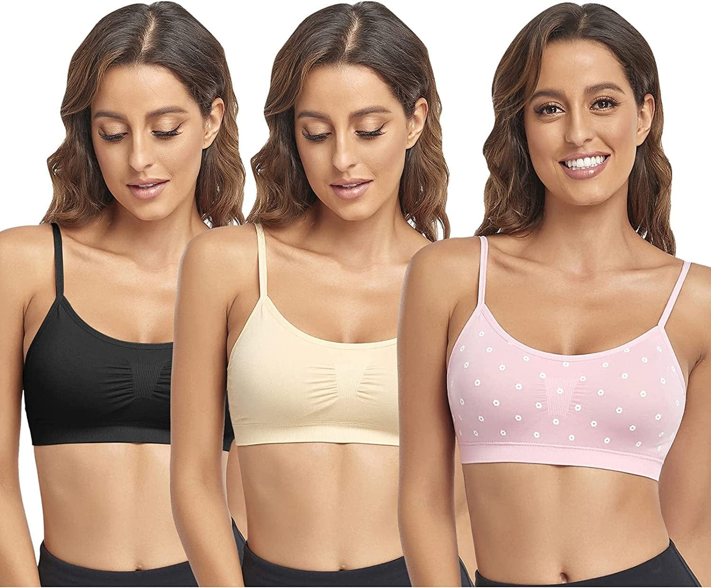 Bralettes Padded Cami Strap Bra, Seamless Sports Bra, Wireless Comfort Lightly T-Shirt Bra Black 1, Skin 1, Pink 1 / Large
