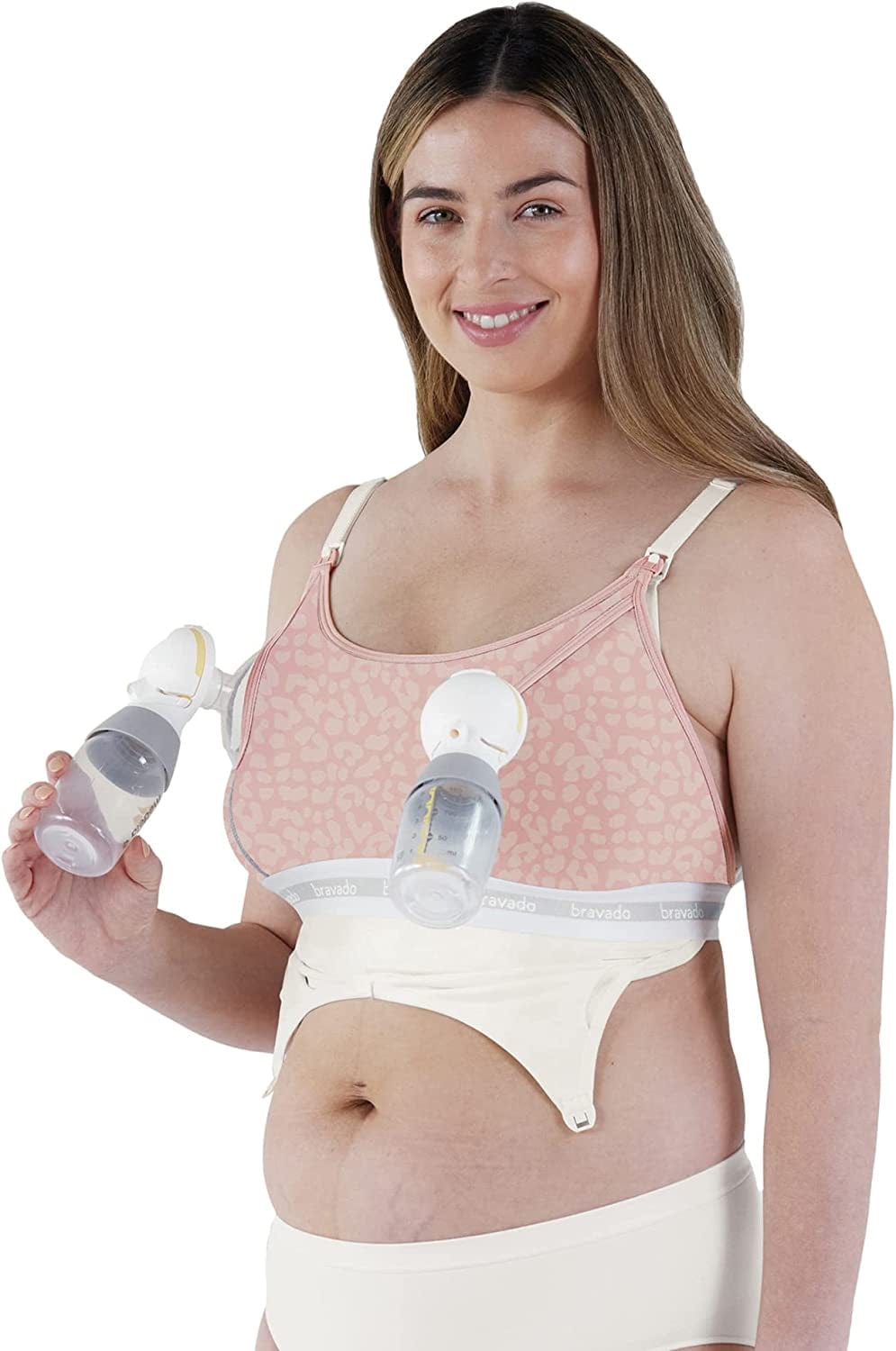 BRAVADO! DESIGNS Pumping Bra Hands Free | Clip and Pump | Pumping Accessory | S-XL Pink Leopard - Sustainable Fabric / X-Large