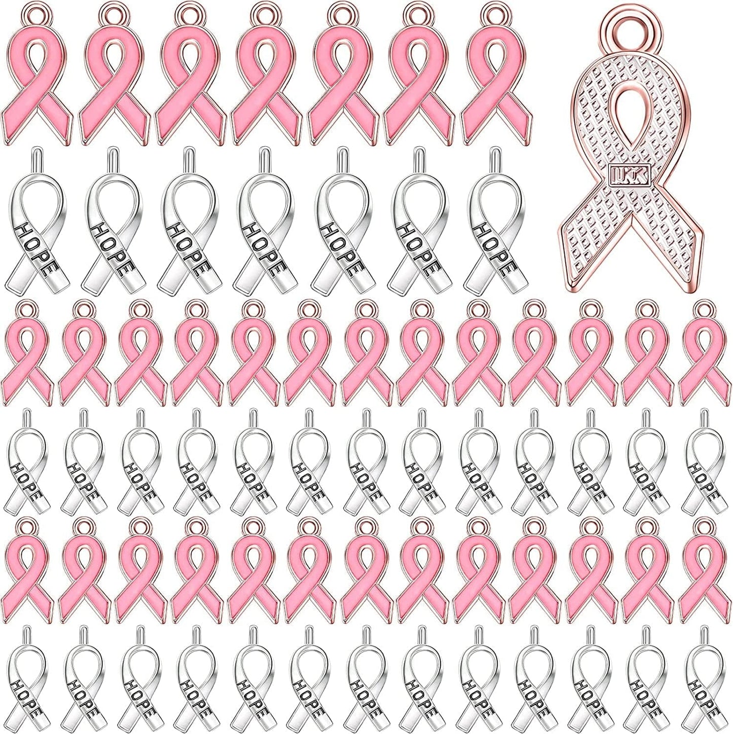 Breast Cancer Awareness Charms Pink and Silver Ribbon Charm Beads Hope Ribbon Pendant Charms for DIY Jewelry Craft Making Supplies Pink 1, Rose Gold