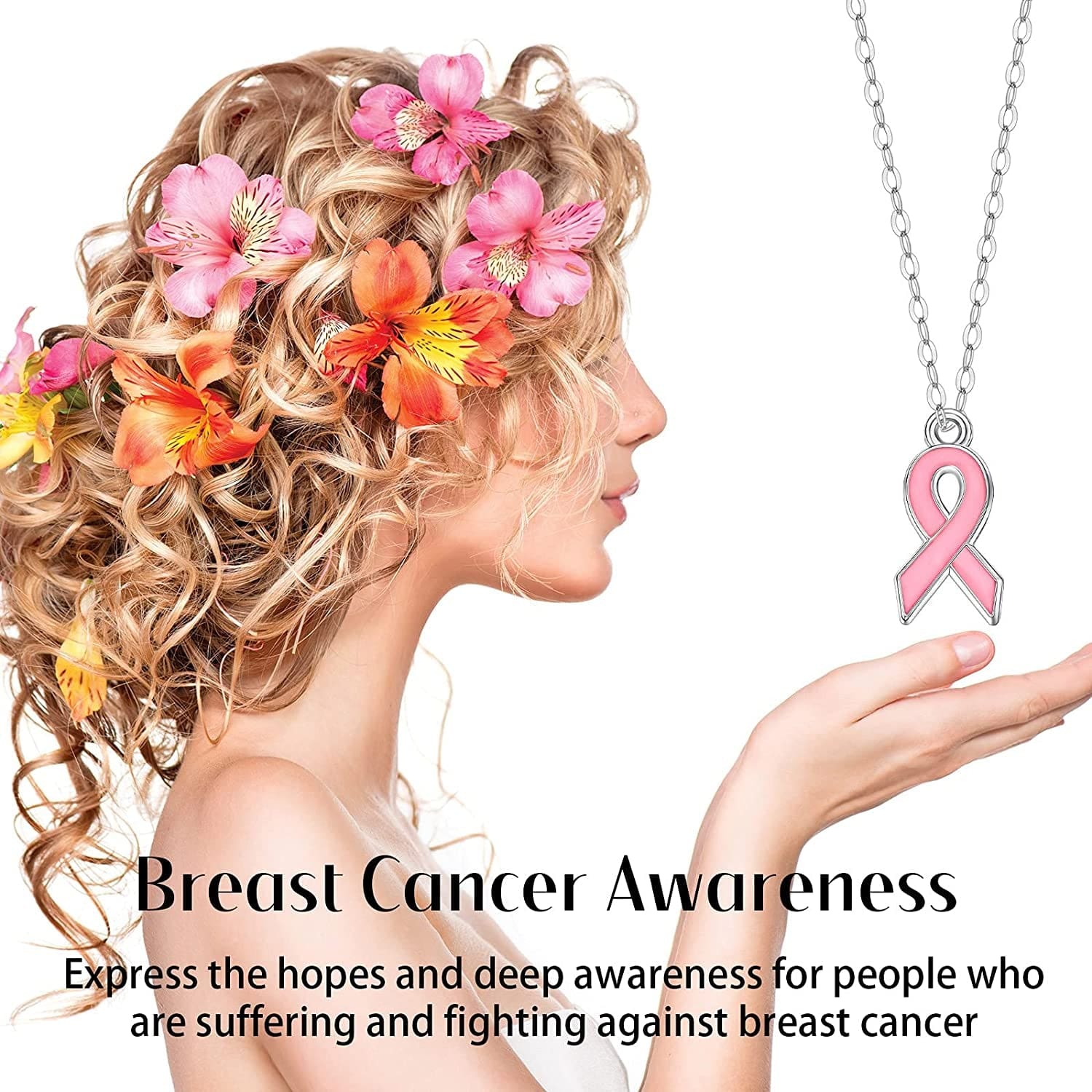 Breast Cancer Awareness Charms Pink and Silver Ribbon Charm Beads Hope Ribbon Pendant Charms for DIY Jewelry Craft Making Supplies