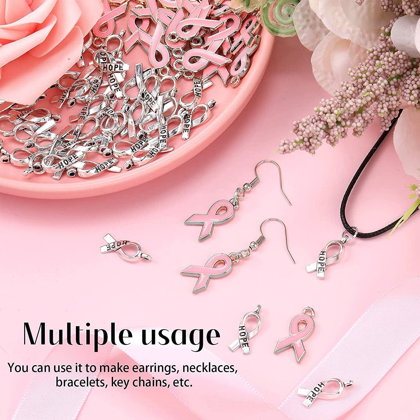 Breast Cancer Awareness Charms Pink and Silver Ribbon Charm Beads Hope Ribbon Pendant Charms for DIY Jewelry Craft Making Supplies