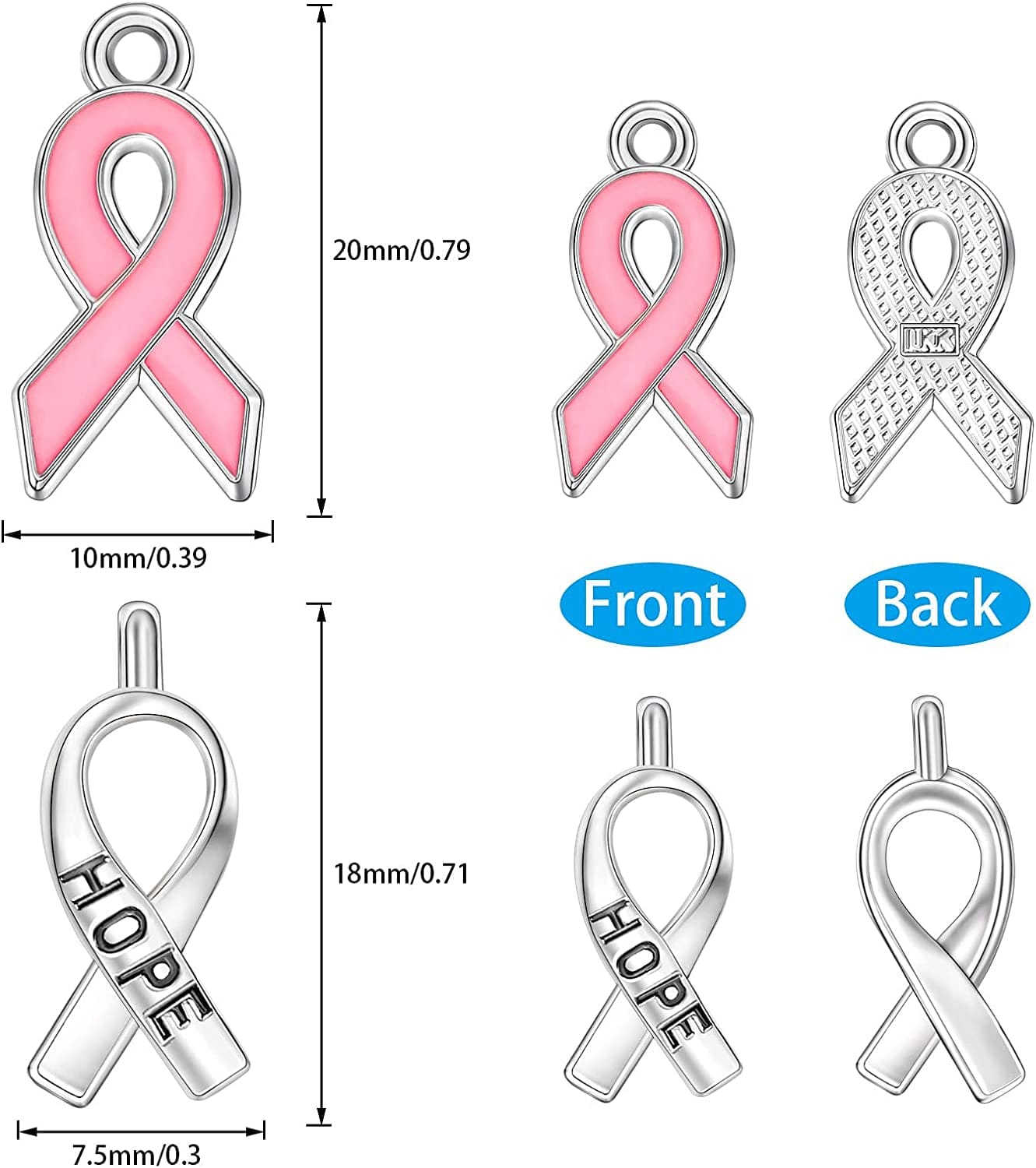 Breast Cancer Awareness Charms Pink and Silver Ribbon Charm Beads Hope Ribbon Pendant Charms for DIY Jewelry Craft Making Supplies