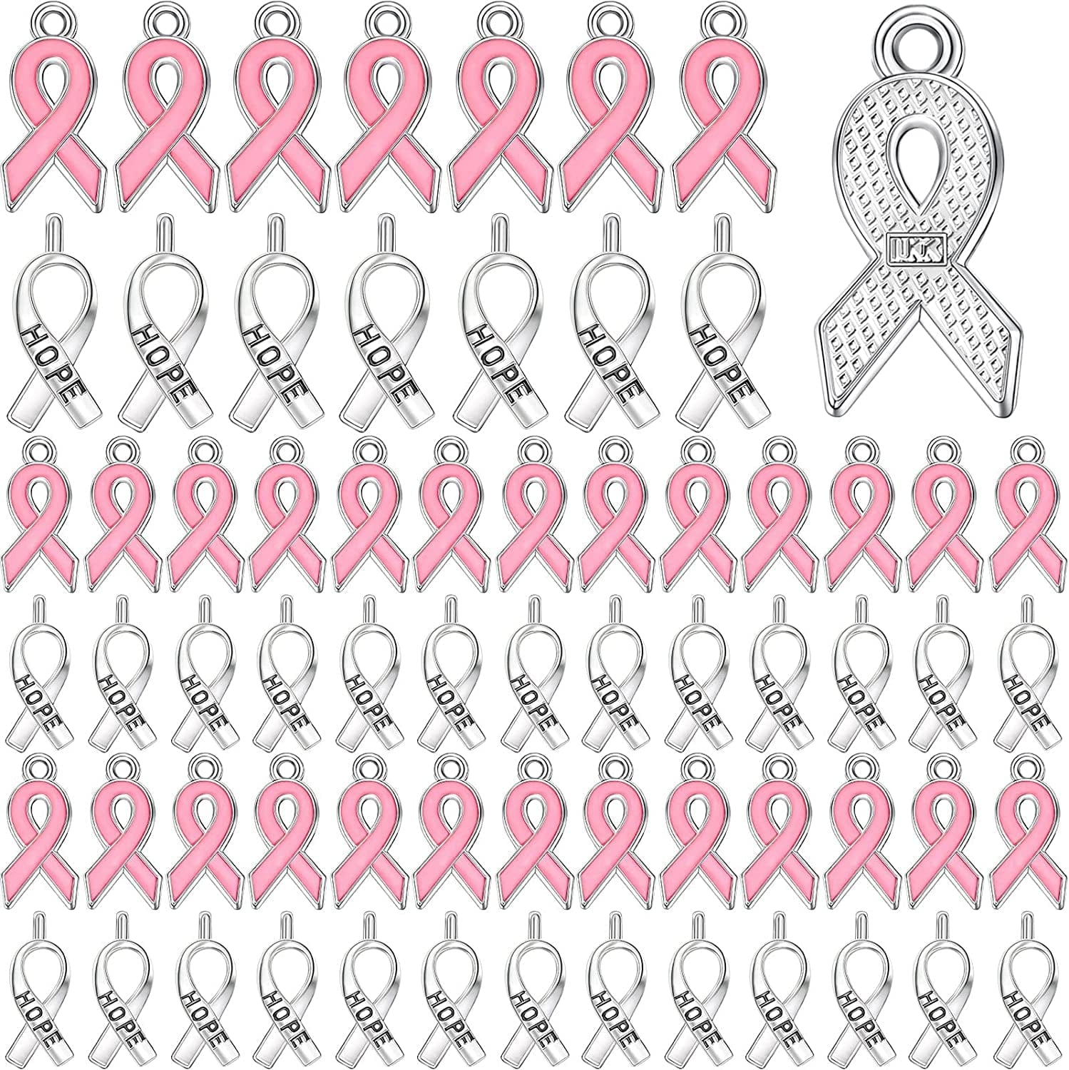Breast Cancer Awareness Charms Pink and Silver Ribbon Charm Beads Hope Ribbon Pendant Charms for DIY Jewelry Craft Making Supplies Pink 2, Silver
