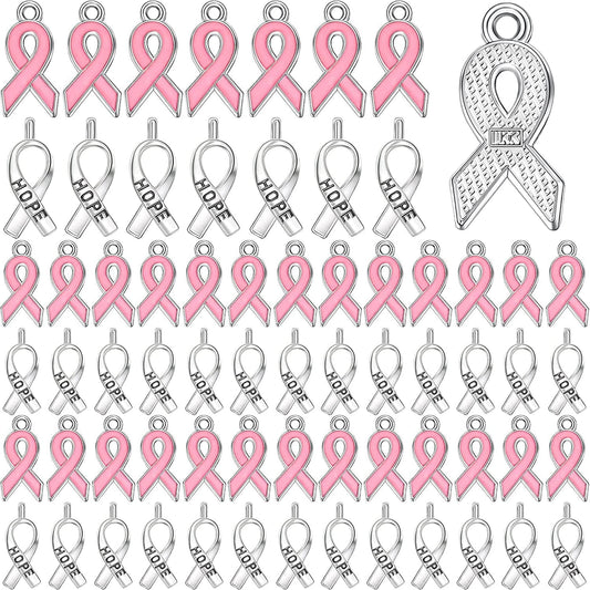 Breast Cancer Awareness Charms Pink and Silver Ribbon Charm Beads Hope Ribbon Pendant Charms for DIY Jewelry Craft Making Supplies Pink 2, Silver