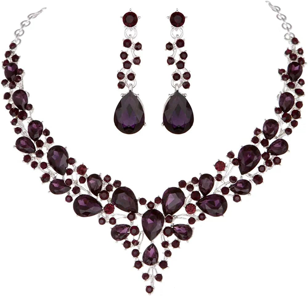 Bridal Austrian Crystal Necklace and Earrings Jewelry Set Gifts Fit with Wedding Dress Purple