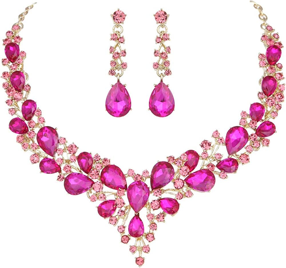 Bridal Austrian Crystal Necklace and Earrings Jewelry Set Gifts Fit with Wedding Dress Rose red