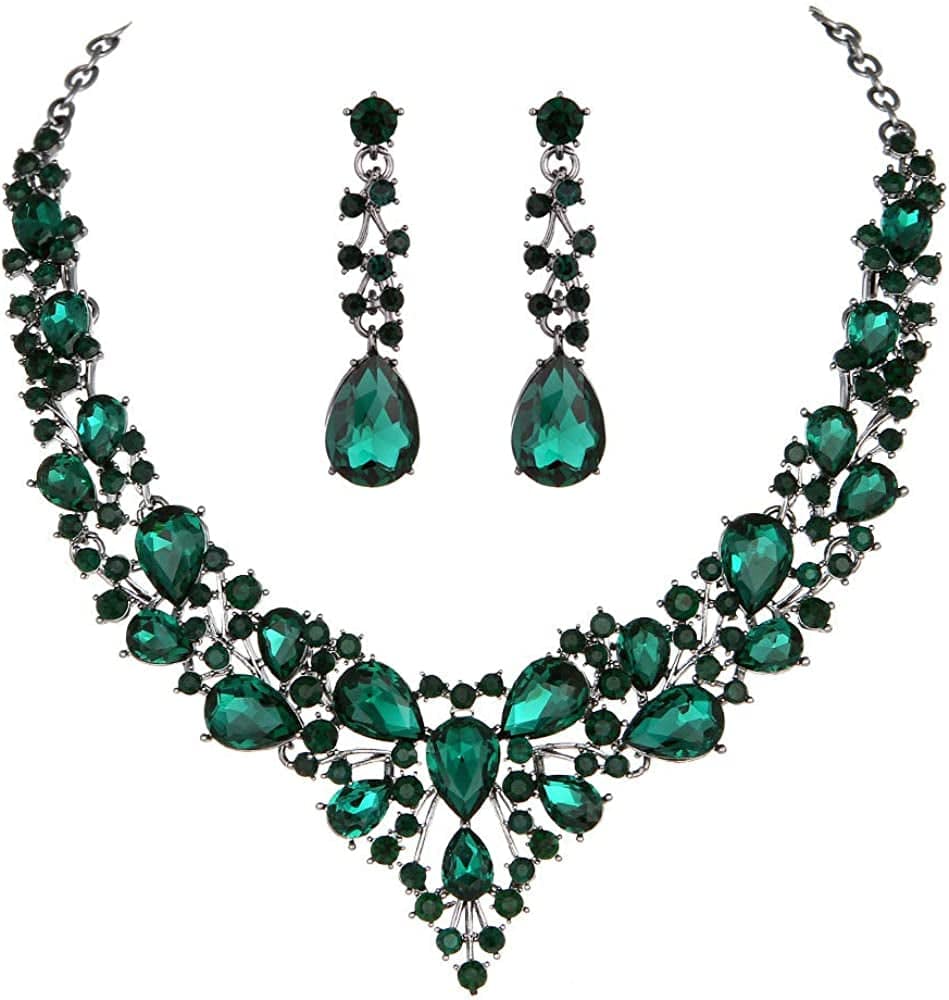 Bridal Austrian Crystal Necklace and Earrings Jewelry Set Gifts Fit with Wedding Dress Green-Black tone