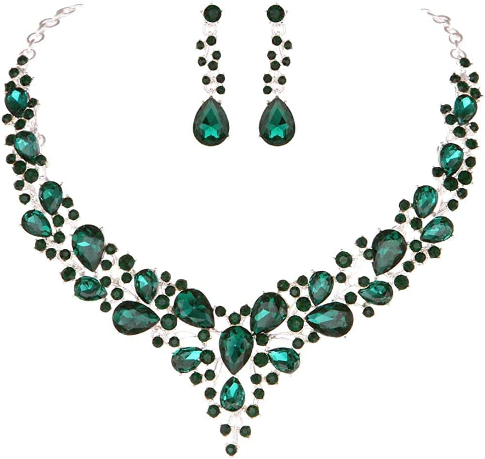 Bridal Austrian Crystal Necklace and Earrings Jewelry Set Gifts Fit with Wedding Dress 04-Green