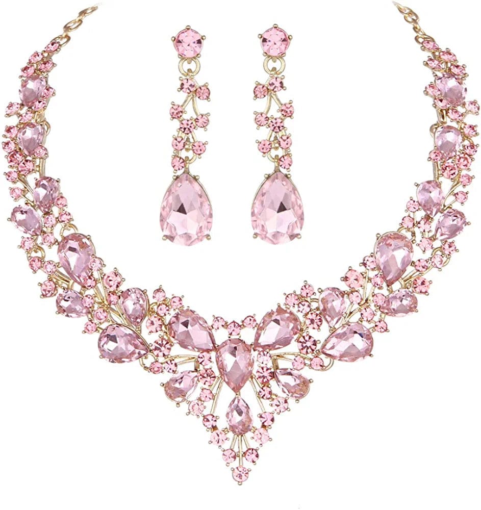 Bridal Austrian Crystal Necklace and Earrings Jewelry Set Gifts Fit with Wedding Dress 08-Pink-Gold Tone