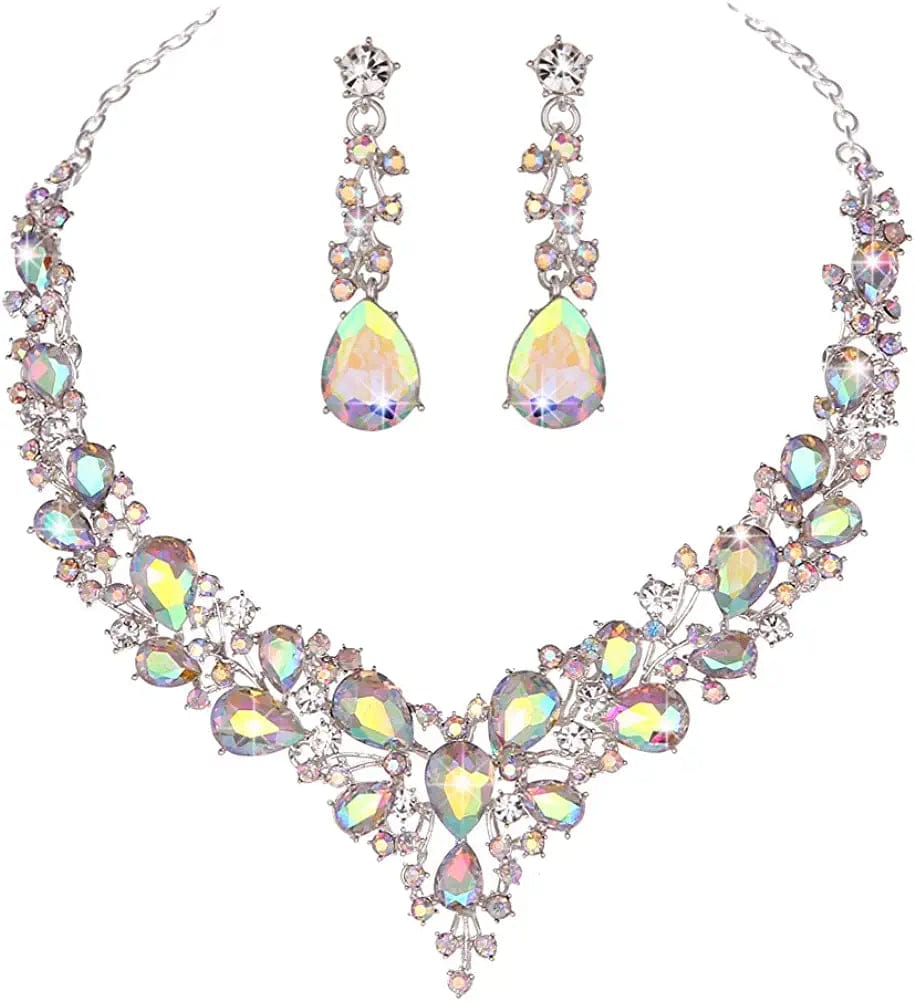 Bridal Austrian Crystal Necklace and Earrings Jewelry Set Gifts Fit with Wedding Dress Crystal AB