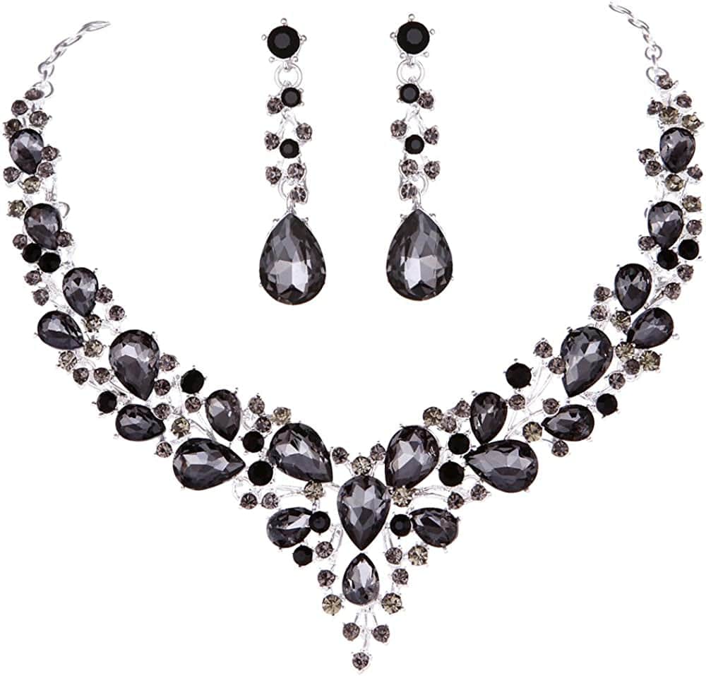 Bridal Austrian Crystal Necklace and Earrings Jewelry Set Gifts Fit with Wedding Dress 06-Grey Black
