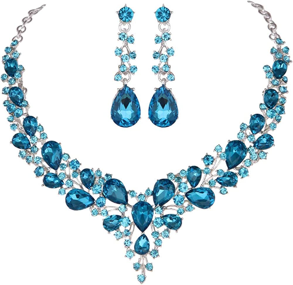 Bridal Austrian Crystal Necklace and Earrings Jewelry Set Gifts Fit with Wedding Dress Sky Blue