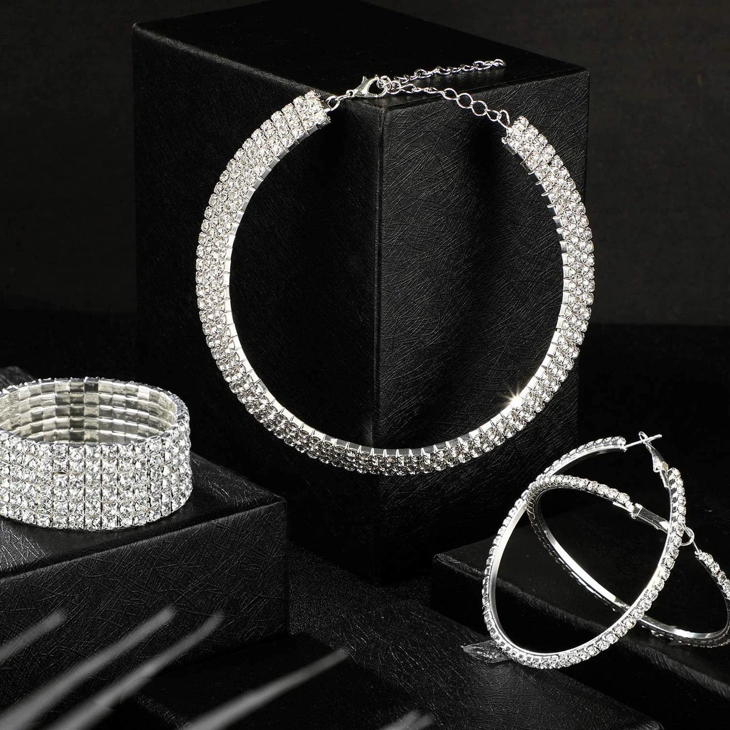 Bridal Crystal Rhinestone Jewelry Set Necklace Bracelet Hoop Earrings for Wedding Party